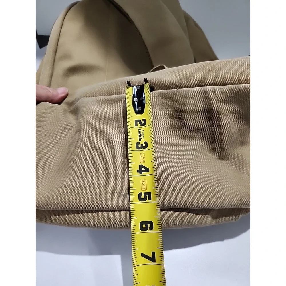 Tan Khaki Canvas Backpack Silhouette Print Multi Pocket Travel Bag